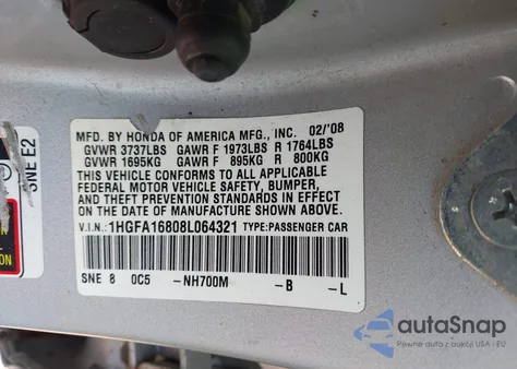 2008 Honda Civic Ex z USA, uszkodzony, nr VIN 1HGFA16808L064321